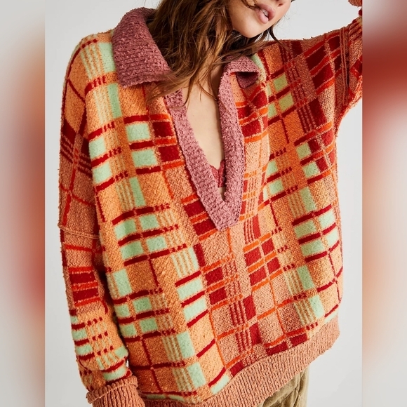 Free People Ruben Sweater Autumn Sunset Combo V-Neck Orange Red Plaid Oversized - Picture 4 of 8